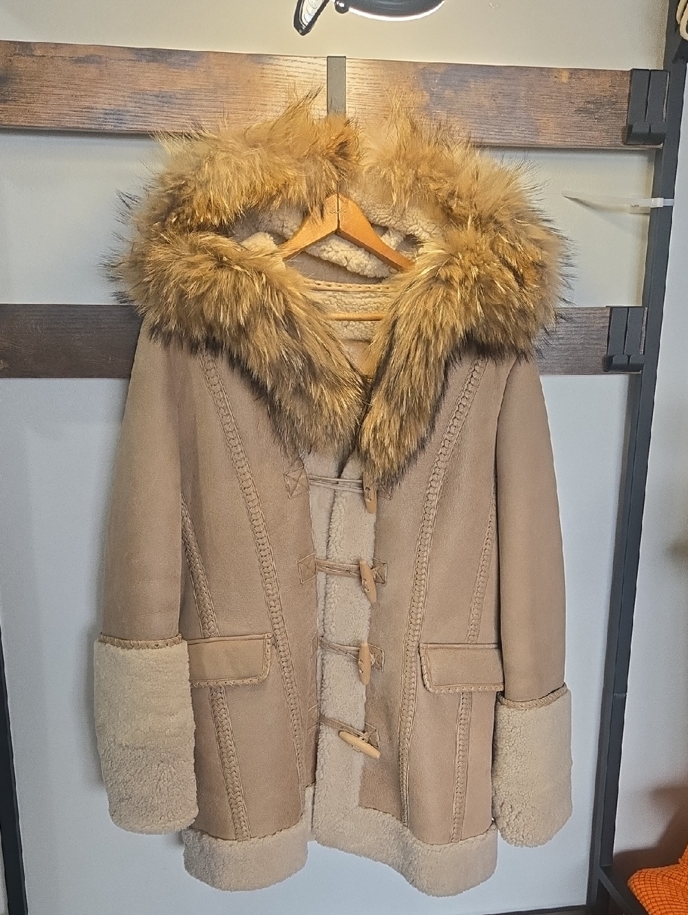 Mackage Tan Teddy Toggle Jacket with Faux-Fur Trim Hood